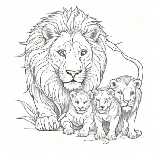 Father Mother And 3 Lion Children