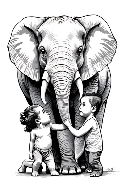 Mother Elephant And Her Two Young Children Playing