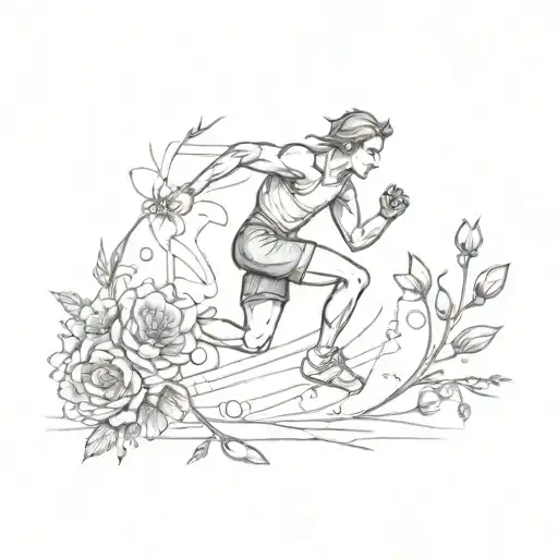A Sketch Style Tattoo Of A Runner Crossing A Finish Line Made Up Of Blooming Flowers
