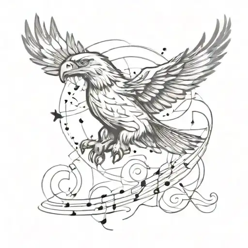 A Sketch-style Tattoo Of A Eagle With Music Notes Swirling Around It