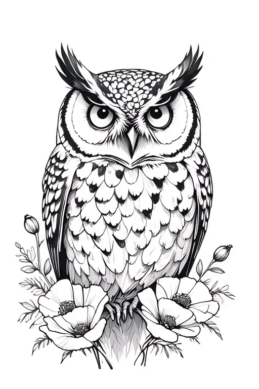 Bard Owl With Poppies Blooming