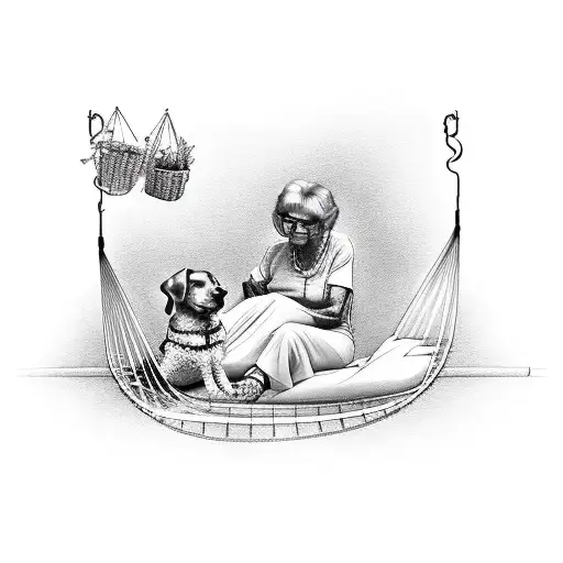 Grandma Coco Sitting In A Hammock With A Dog By Her Feet