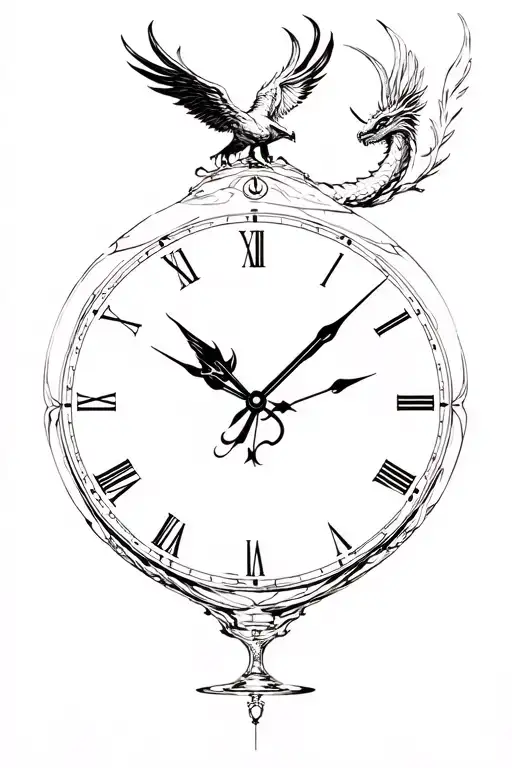 Phoenix Rising Wings Flying Opposite Dragon Wings Flying Hour Glass Clock