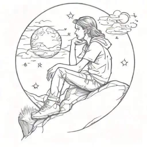 A Dreamy Tattoo Of A Student Sitting On A Rock Gazing At The Moon