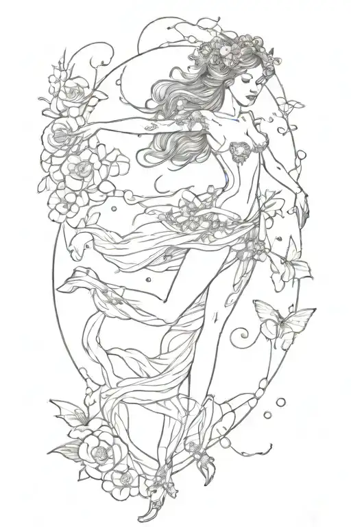 Mystical Inspired Tattoo Featuring Ocean And Flowers And Dance Fairy