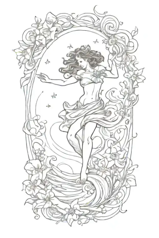 Mystical Inspired Tattoo Featuring Waves And Flowers And Dance Fairy