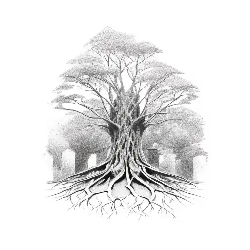 Tree Roots Inbedded In Bricks