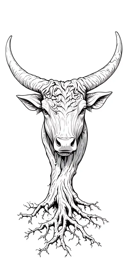 Wood Ox Head With Tree Roots Growing