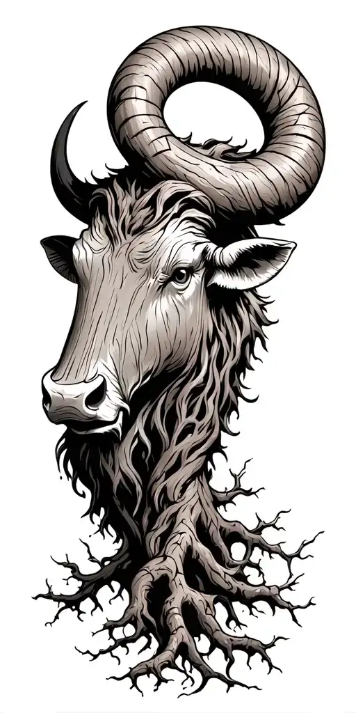 Wood Ox Head With Tree Roots Growing