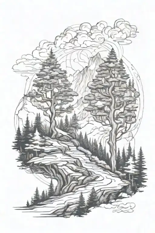 Dense Forest With Trail Winding Up A Mountain