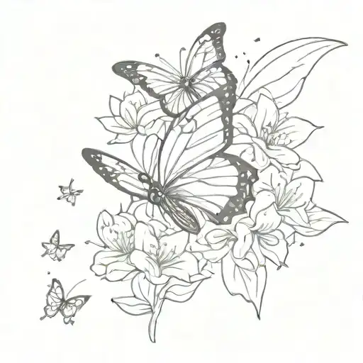 Azalea Flower Line Work Butterfly Emerging With Stars And Dots