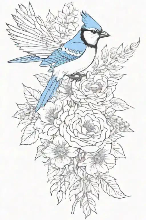 Flower Bouquet And Blue Jay Bird