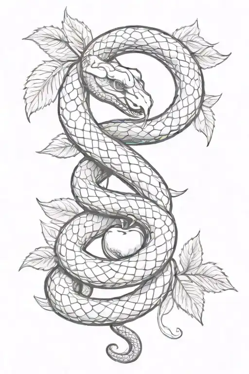 Snake And Apple With Leafs