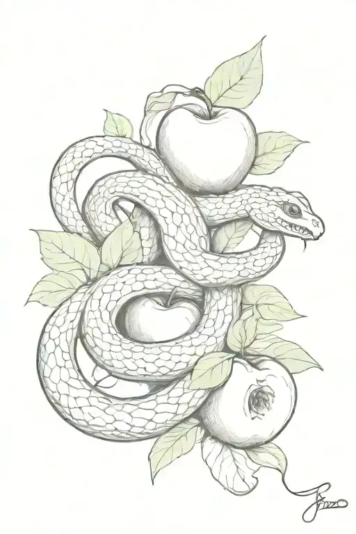 Snake And Apple With Leafs