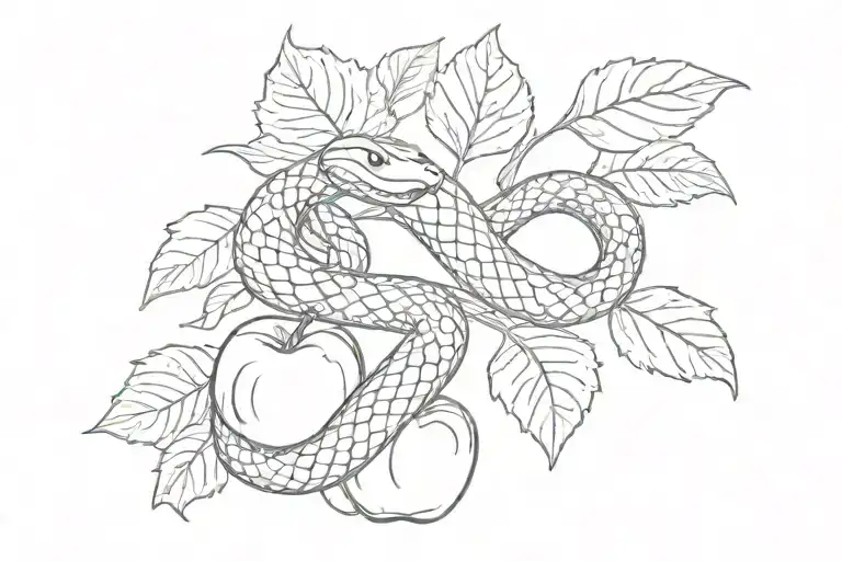 Snake And Apple With Leafs