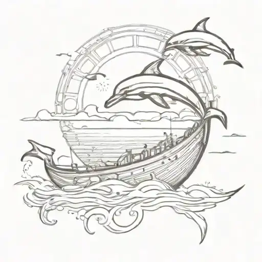 Boat With The Sun Setting And Dolphin Swimming Gracefully