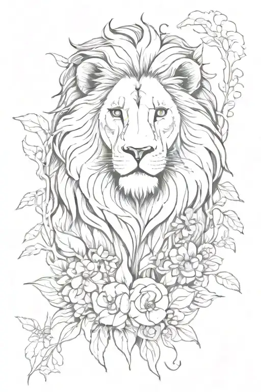 Lion Surrounded By A Variety Of Colorful Flowers In A Jungle Setting