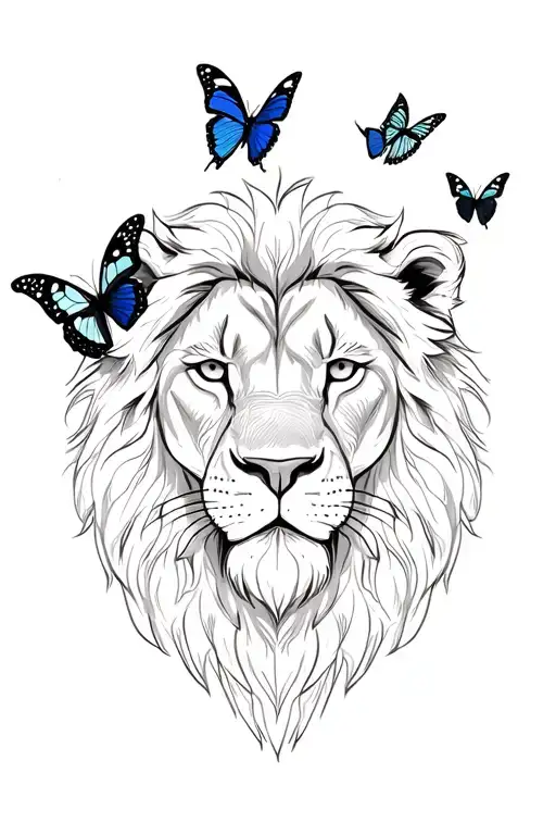 Lion Head Surrounded By Butterflies