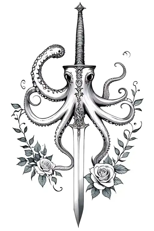 Octopus Tentacle And Dagger And Roses