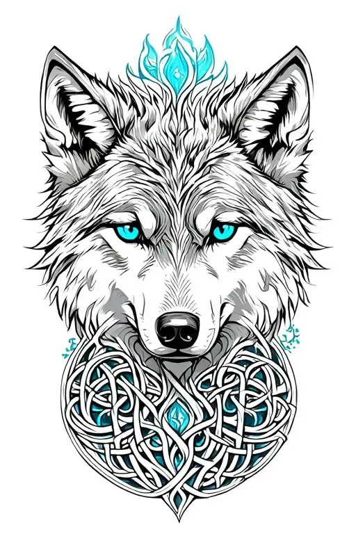 Wolf With Blue Eyes Featuring Celtic Tree Of Life Intertwined