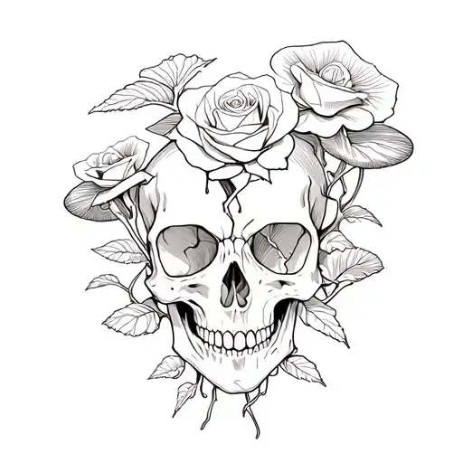 Skull With Roses With Broken Heart With Shrooms