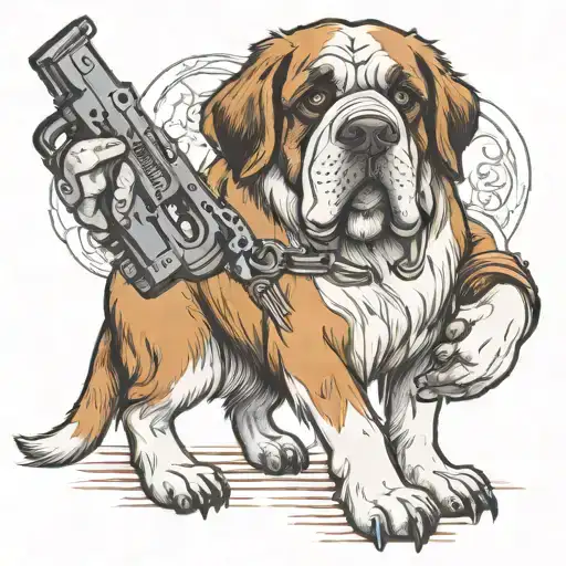St Bernard Dog With Human Arms And Legs Using A Tattoo Gun