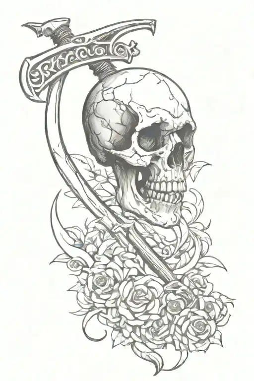 Scythe With A Skull On A Metal Part With A Long Handle