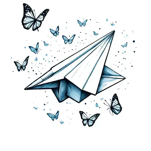 Create A Tattoo Sketch Of A Paper Airplane With Little Butterflies Supporting It