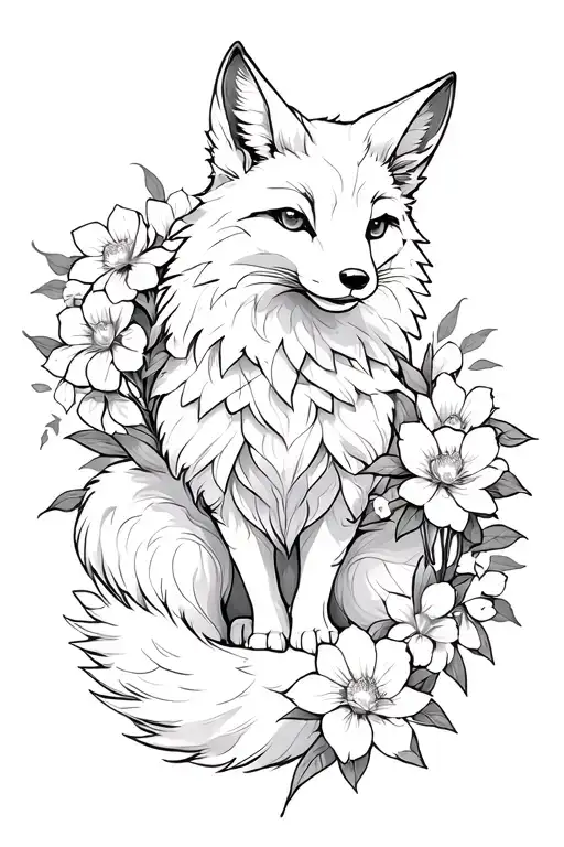 Kitsune With Flowers Against The Background