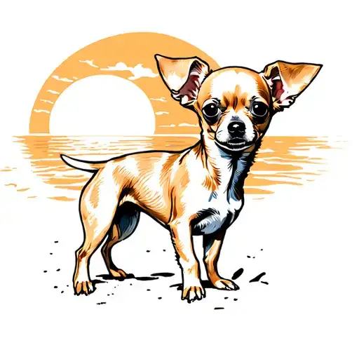 Chihuahua Beige On Sunny Beach Sunset