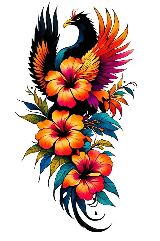 Psychedelic Hibiscus Flowers And Phoenix