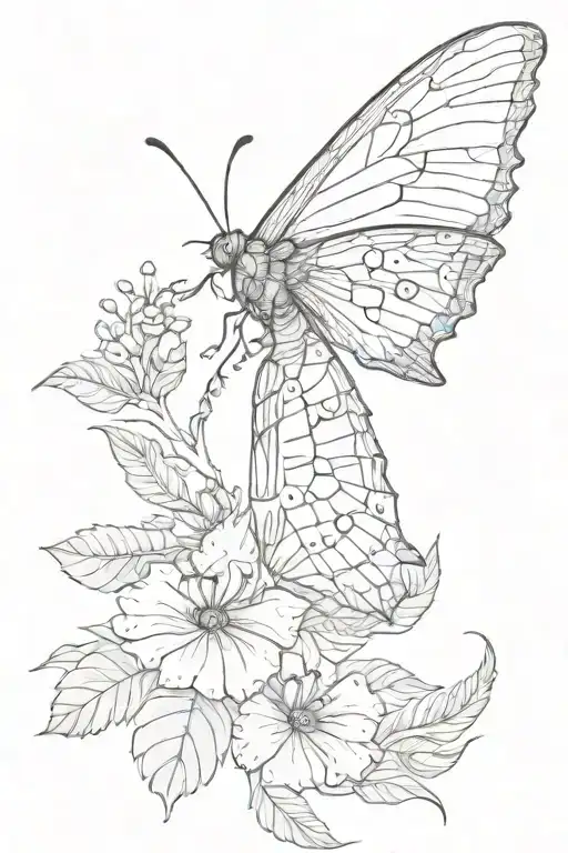 Black And White Realistic Moth With Leaves And Flowers Intertwined
