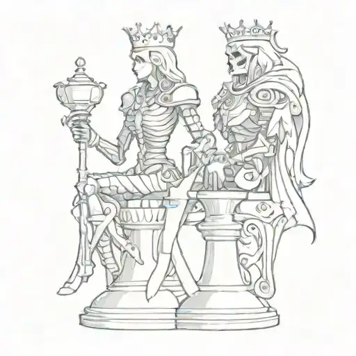 Queen And Knight Chess Piece Morphing Half Skeleton