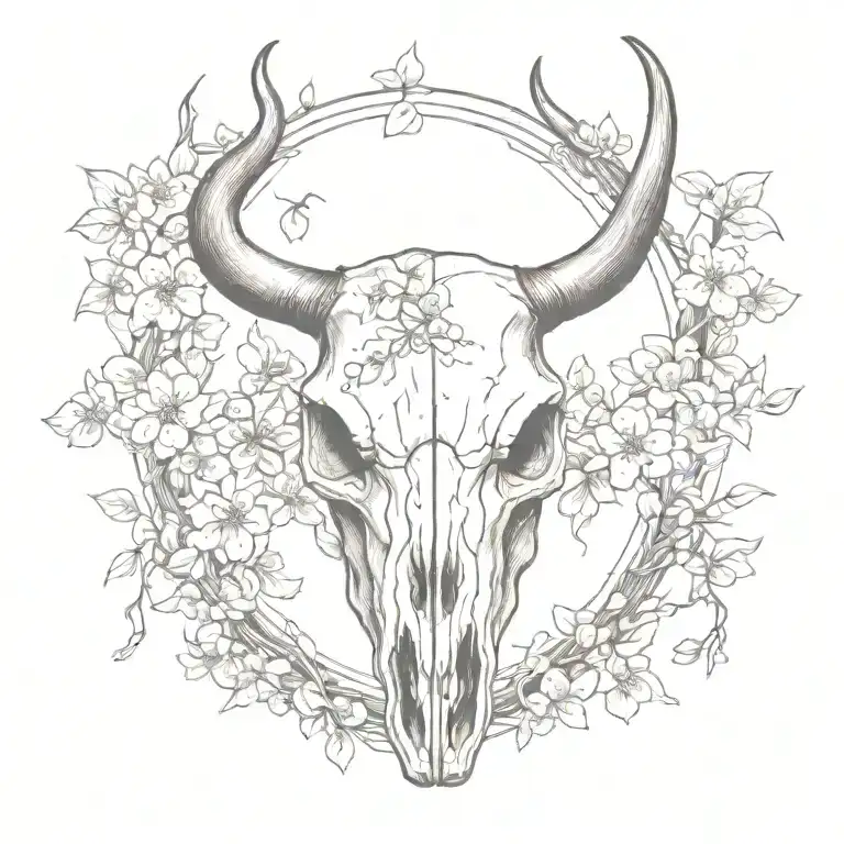 Realistic Bull Skull With Cherry Blossoms