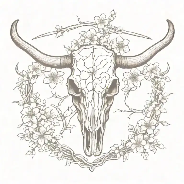 Realistic Longhorn Skull With Cherry Blossoms