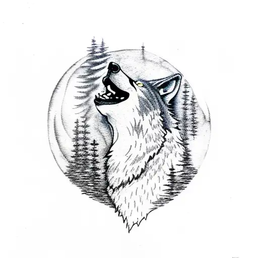 A Wolf Howling At The Moon In A Forest Scene With Intricate Dotwork Details