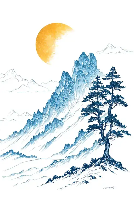 Dusk Mountain And Tree Lanscape With Serilian Blue And Gold Colors
