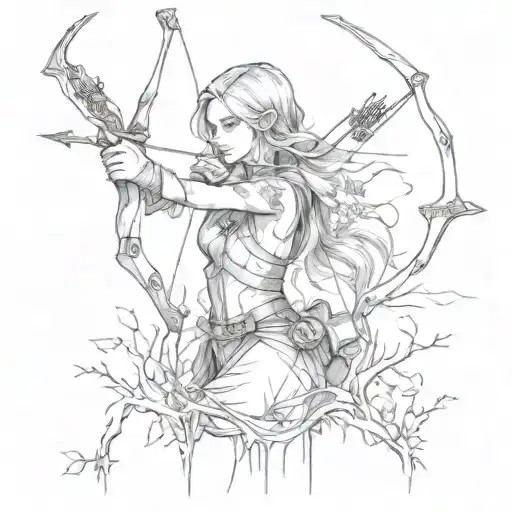 A Fantasy Huntress With Bow And Arrow In The Woods