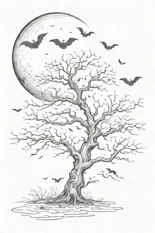 A Poison Tree With No Leaves With The Moon Over The Tree With Lots Of Bats