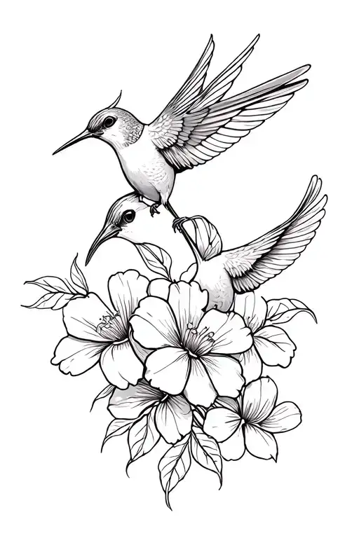 Fine Line Redbird And Humming Bird With Five Flowers