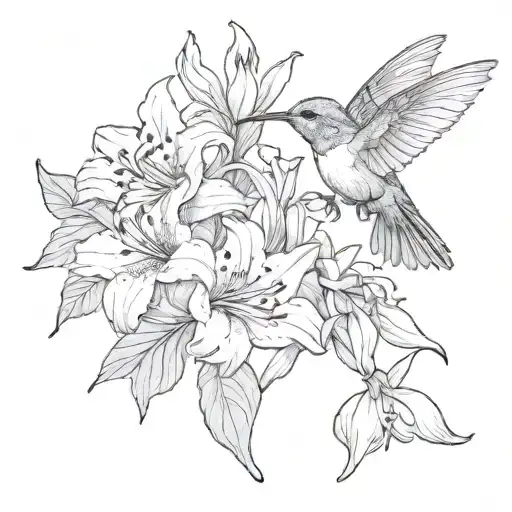 Humming Bird Handing A Cardinal A Lily Flower