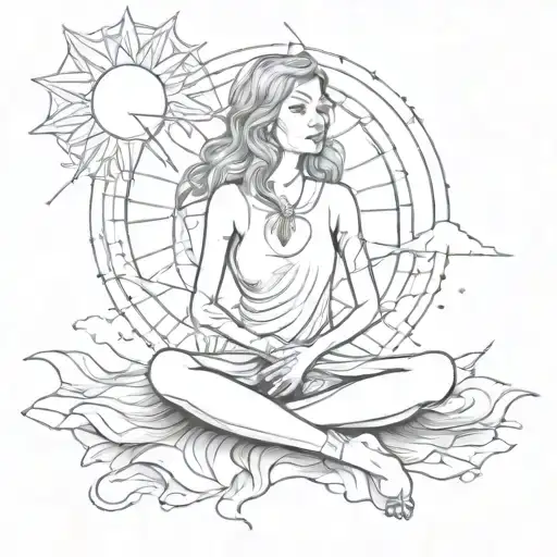 Sitting Woman Praising Abstract Sun Shining Brightly