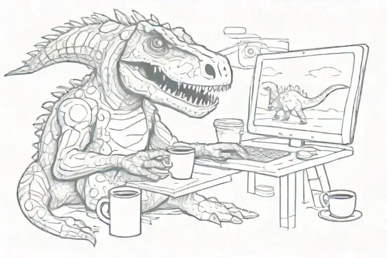 Dinosaur Use Computer And Drink Coffee