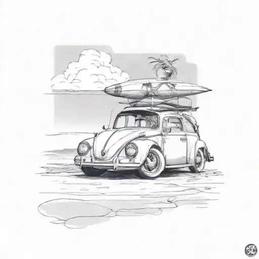 A Vintage Vw Bug Parked Near A Beach With Surfboards On Top