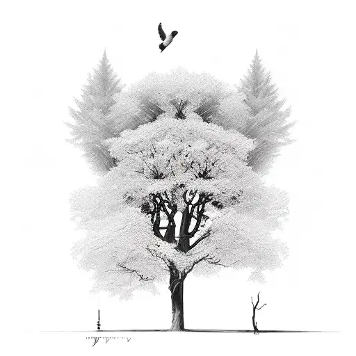 Elm Tree With A Bird And A Rcok