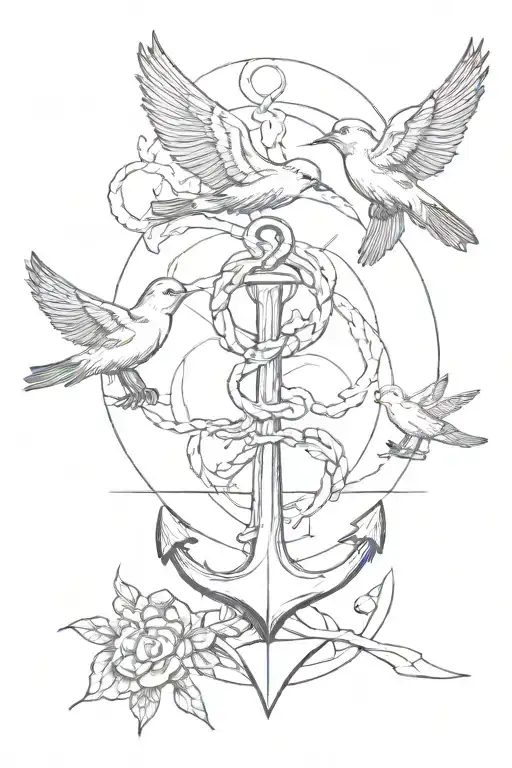 Anchor And Two Swallow Birds Flying One High And One Low