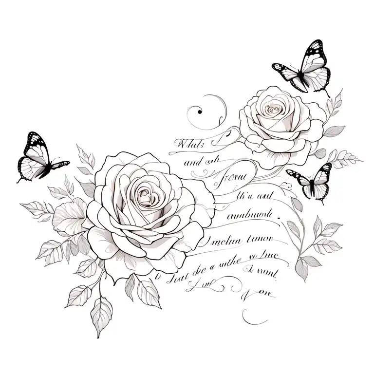 Roses And Butterflies Intertwined With Words Flowing Downwards From The Rose