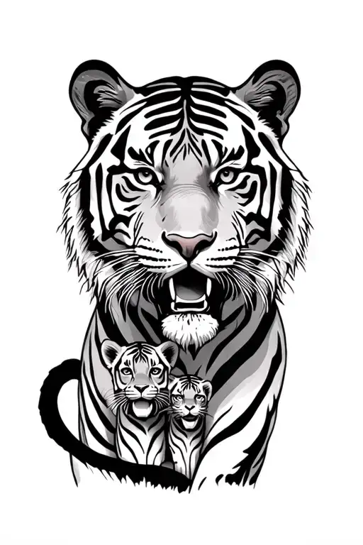 Large Tiger With Two Cubs