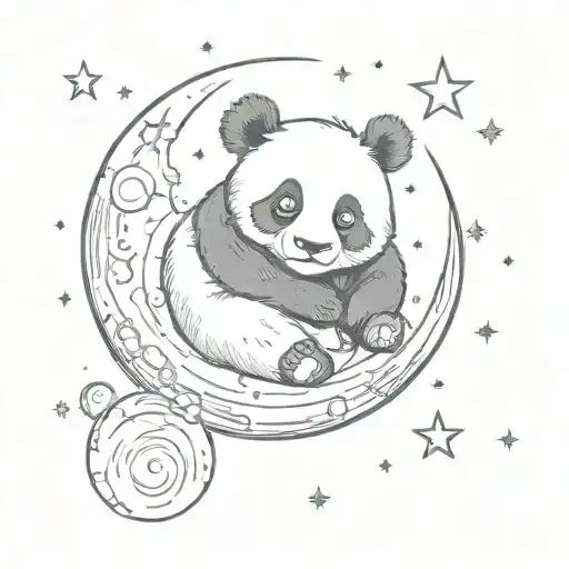 Cute Small Panda Laying On Moon Surrounded By Stars And Planets Make It Small