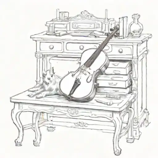 A Sketch Of A Secretary Desk With A Cello Leaning Against It And A Dog Resting Underneath